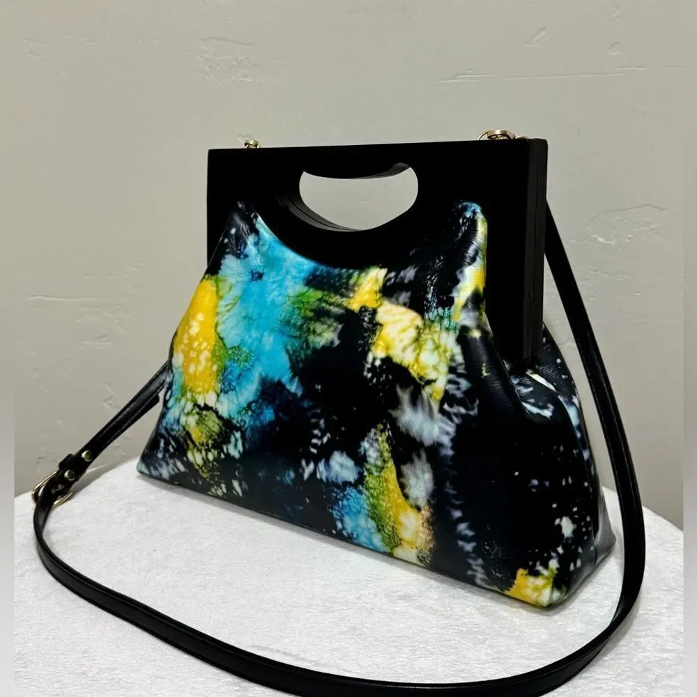 Unique Cowhide Leather Tie-dye Print Handmade Wooden Frame Top Handle Bag